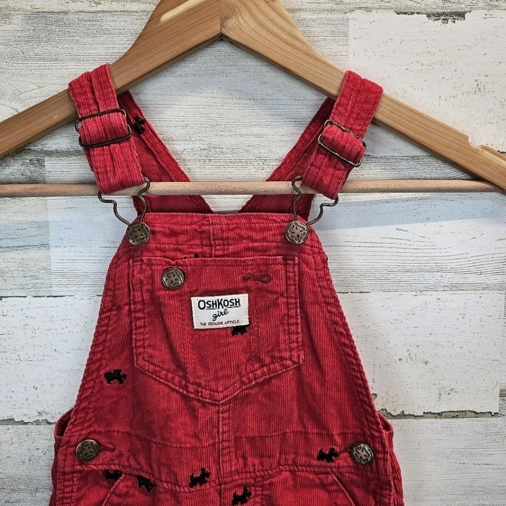 OshKosh B'gosh Girls Red Overalls with Adjustable Straps Sz 4T Dog Embroidered